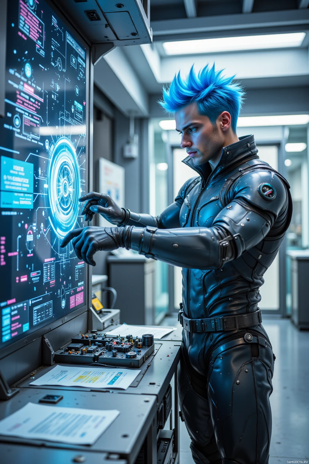 A person in a futuristic outfit interacts with a high-tech control panel.