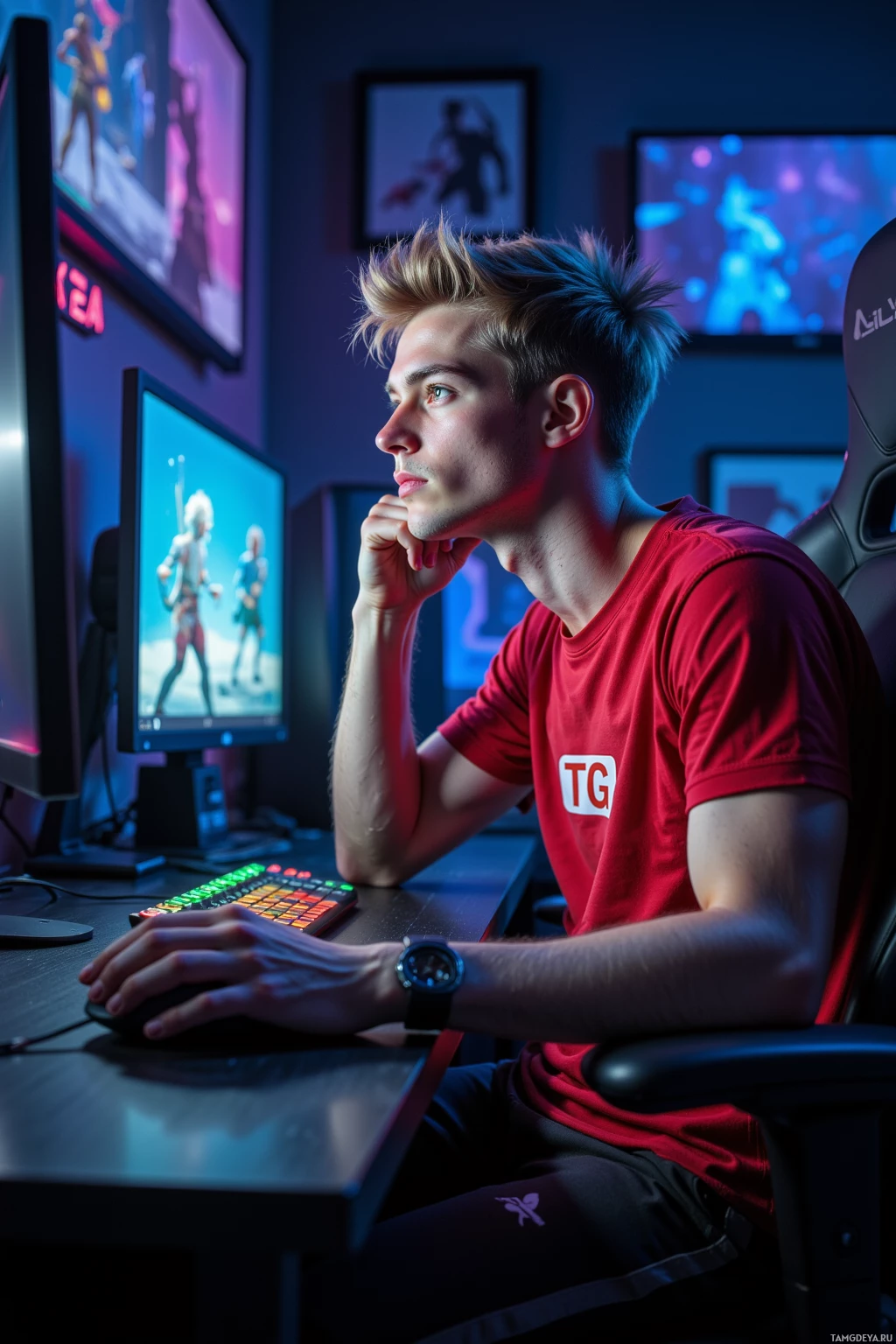A person in a red shirt sits at a desk with a computer, surrounded by gaming-related decor.