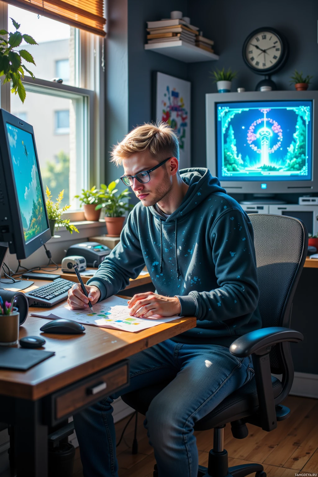 A person is sitting at a desk, writing in a notebook with a computer and monitor in the background.