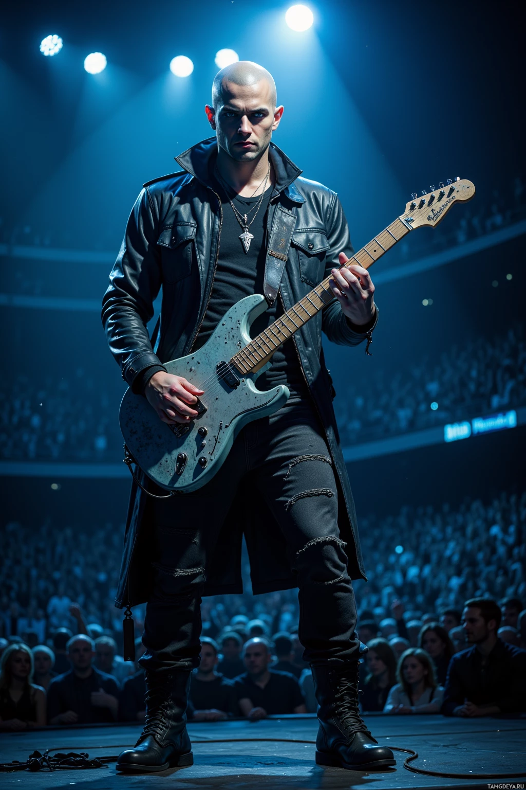 A musician in a leather jacket plays an electric guitar on stage under bright lights.