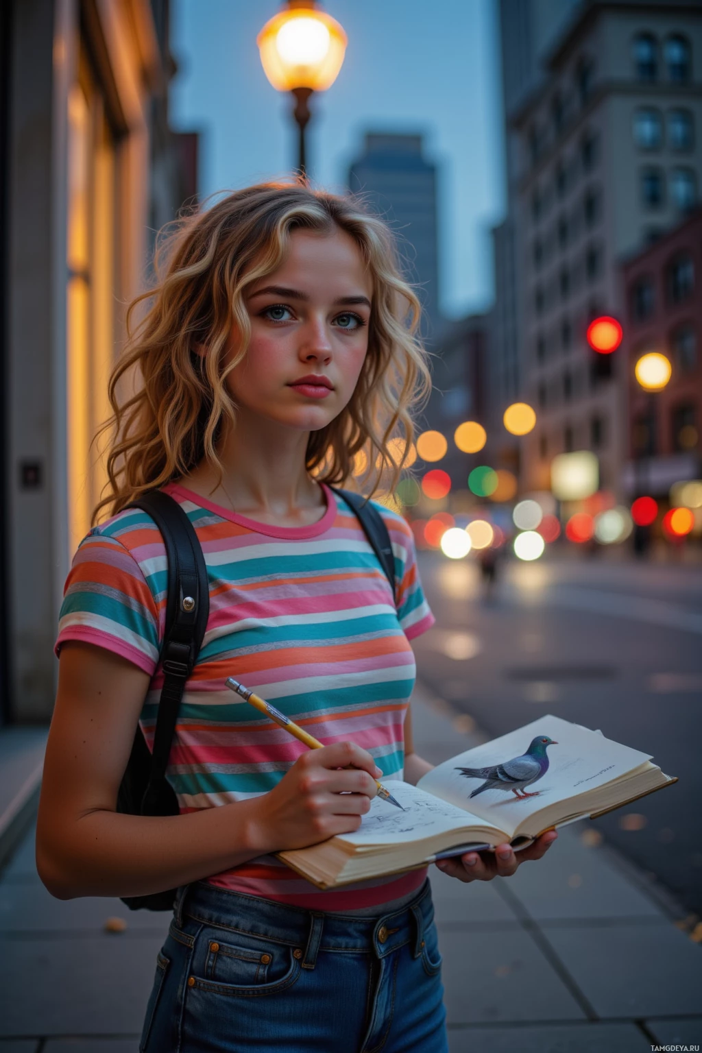 A young woman stands on a city street at dusk, holding a book and pencil, with buildings and streetlights in the background.