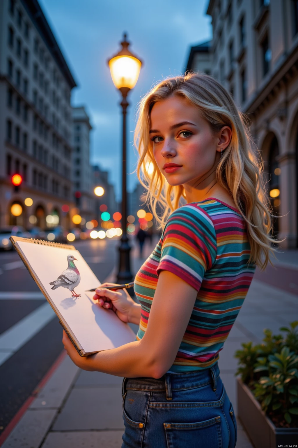 A person in a striped shirt holding a sketchbook with a drawing of a pigeon, standing on a city street at dusk.