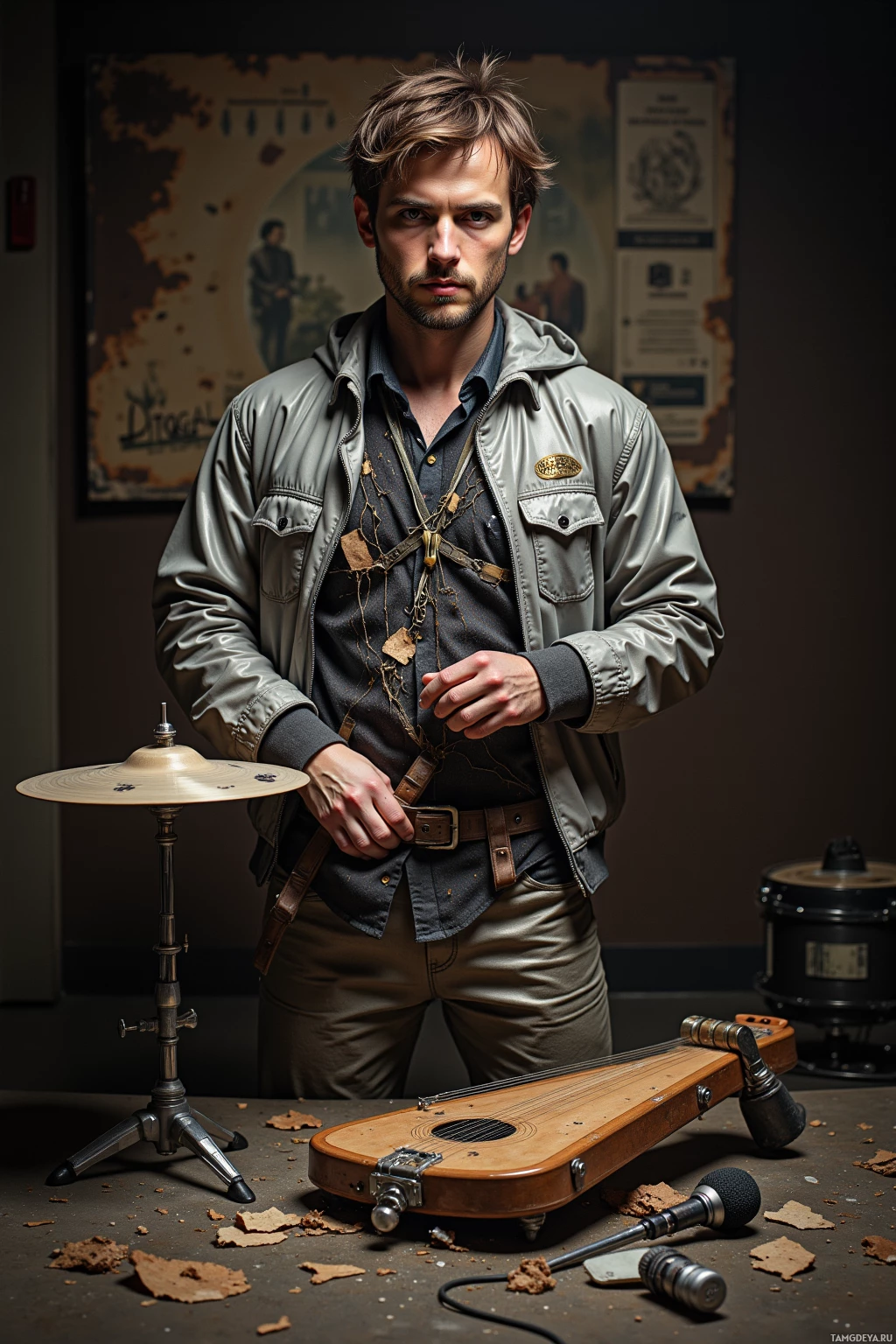 A man stands in a dimly lit room, holding a strap, with a drum set and a dulcimer on the floor.