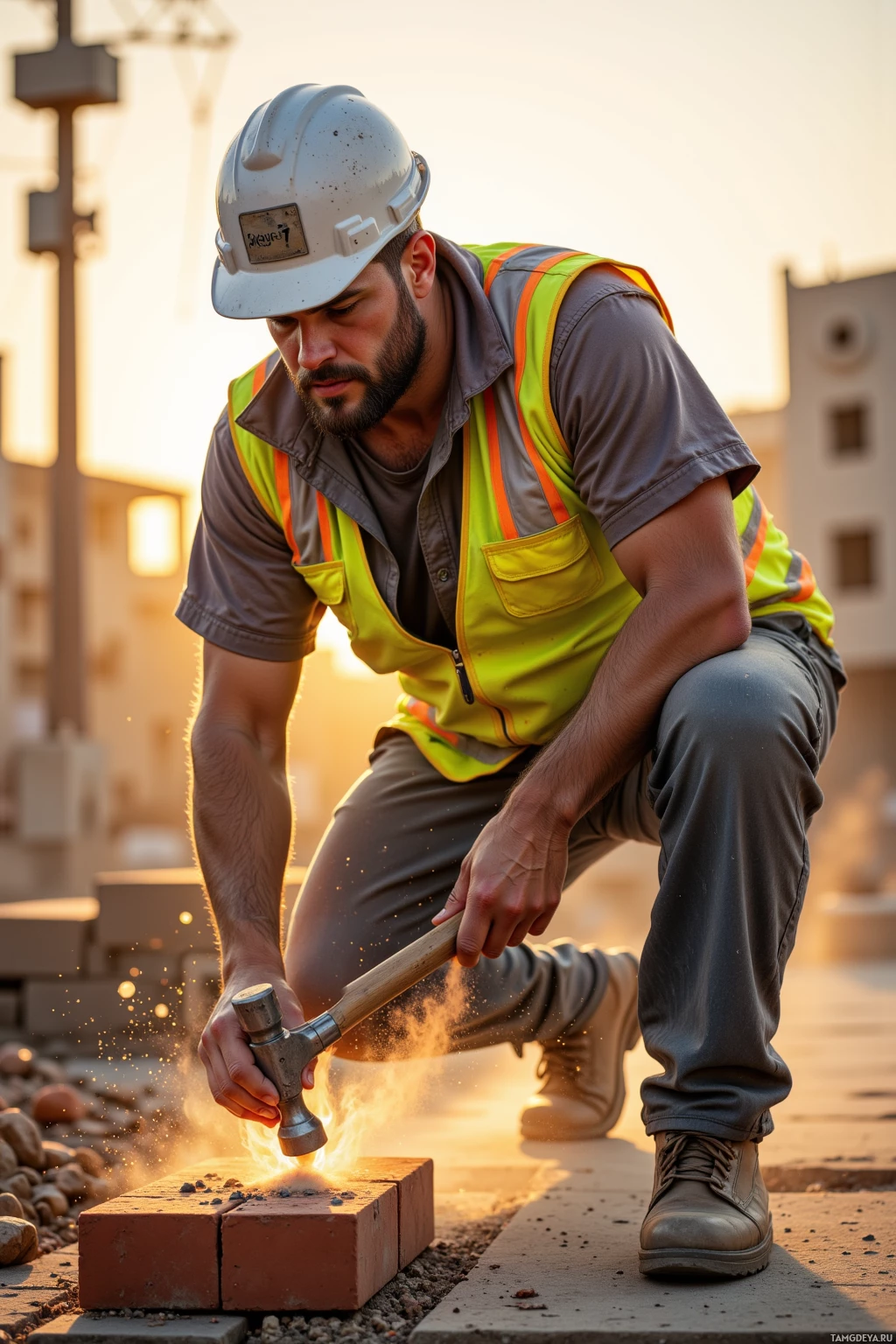 A construction worker hammers a brick at a construction site.