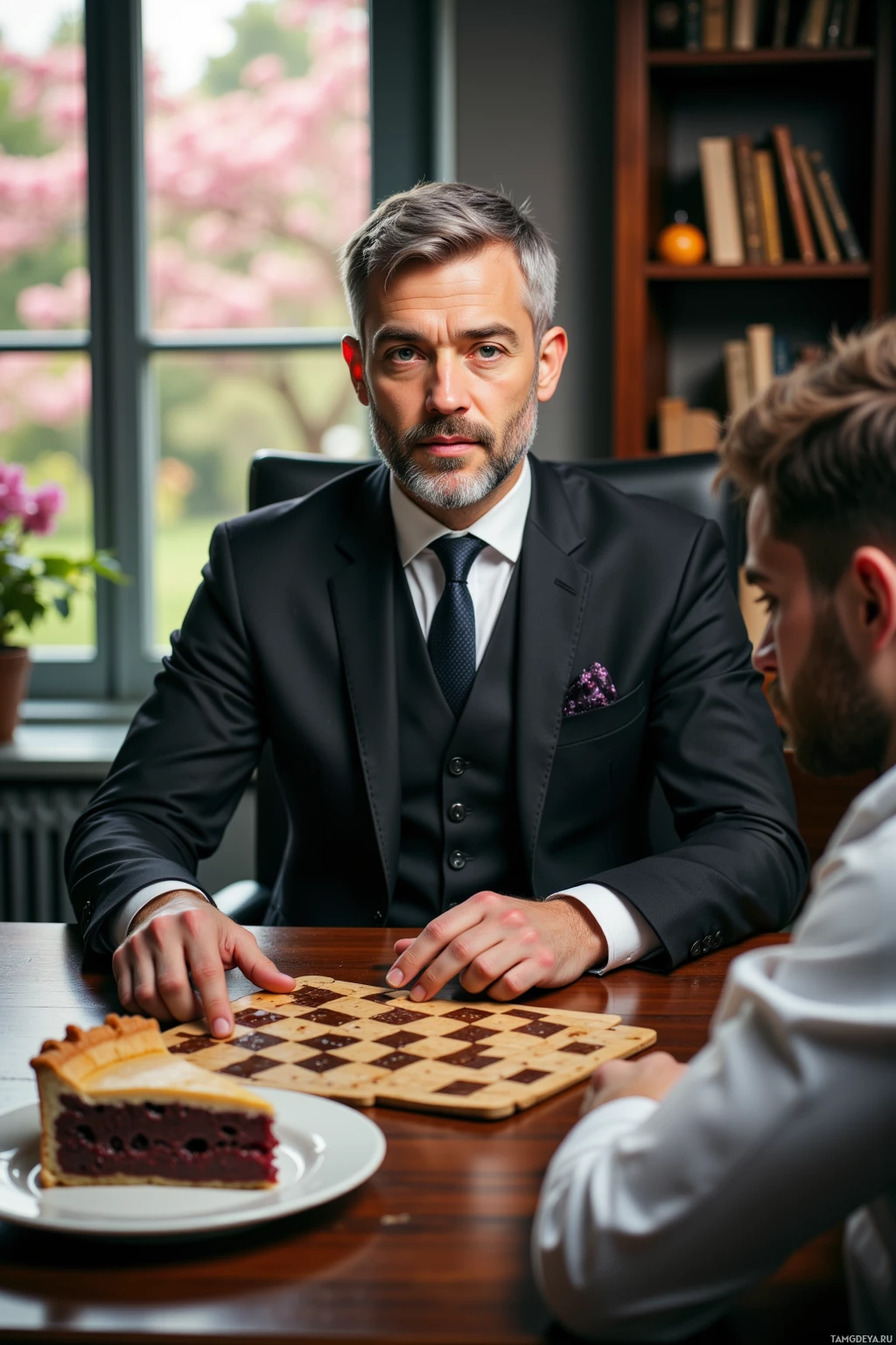 A man in a suit plays chess with another person at a table with a slice of pie.