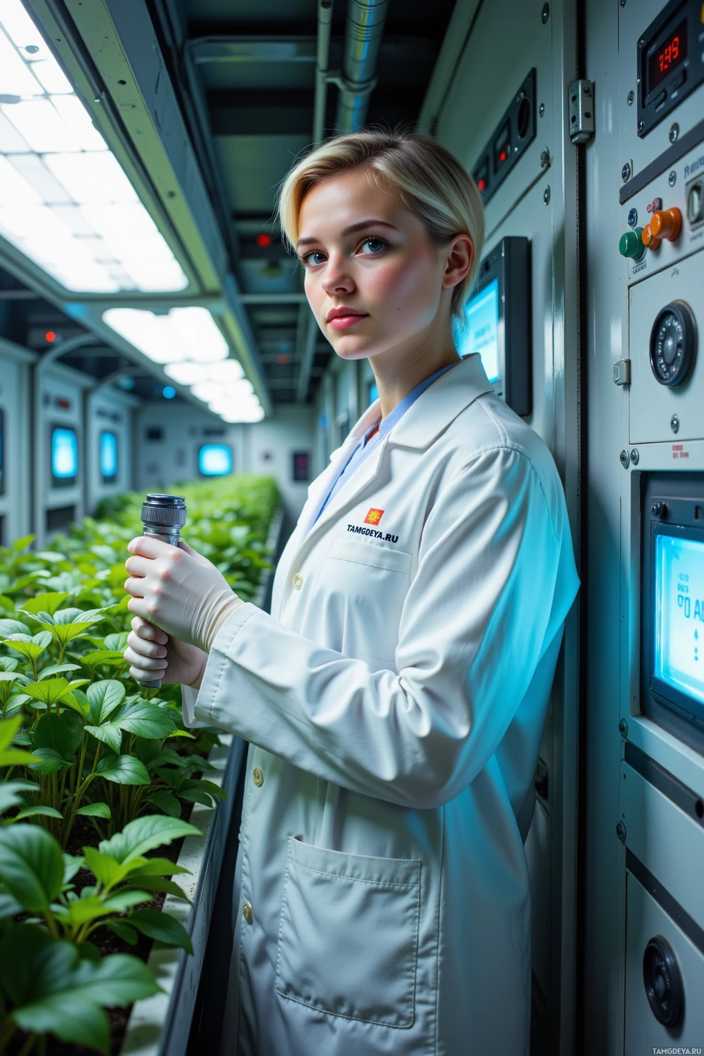 A person in a lab coat stands in a controlled environment with plants and control panels.