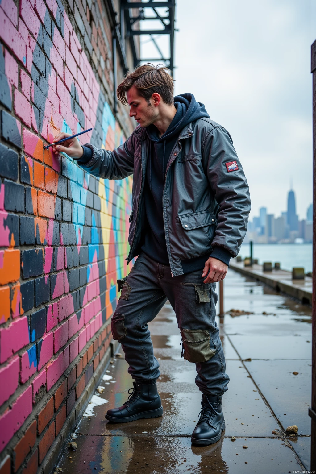 A person wearing a leather jacket and jeans is painting a colorful mural on a brick wall.