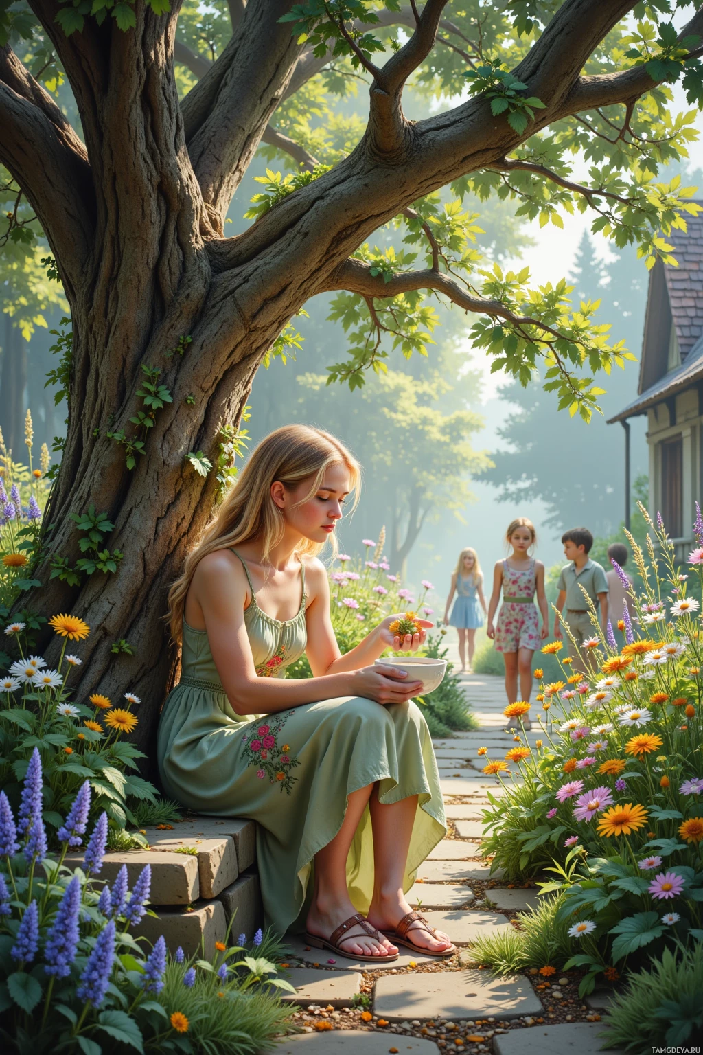 A woman in a green dress sits under a tree surrounded by colorful flowers, with children walking in the background.