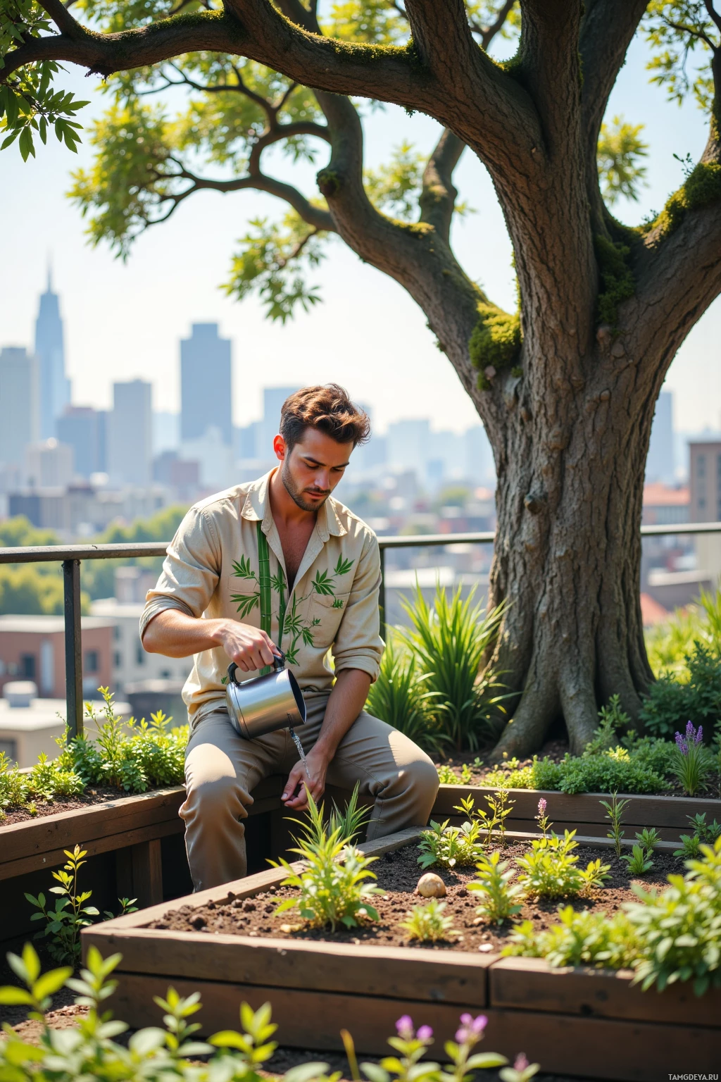 A man waters plants in a rooftop garden with a city skyline in the background.