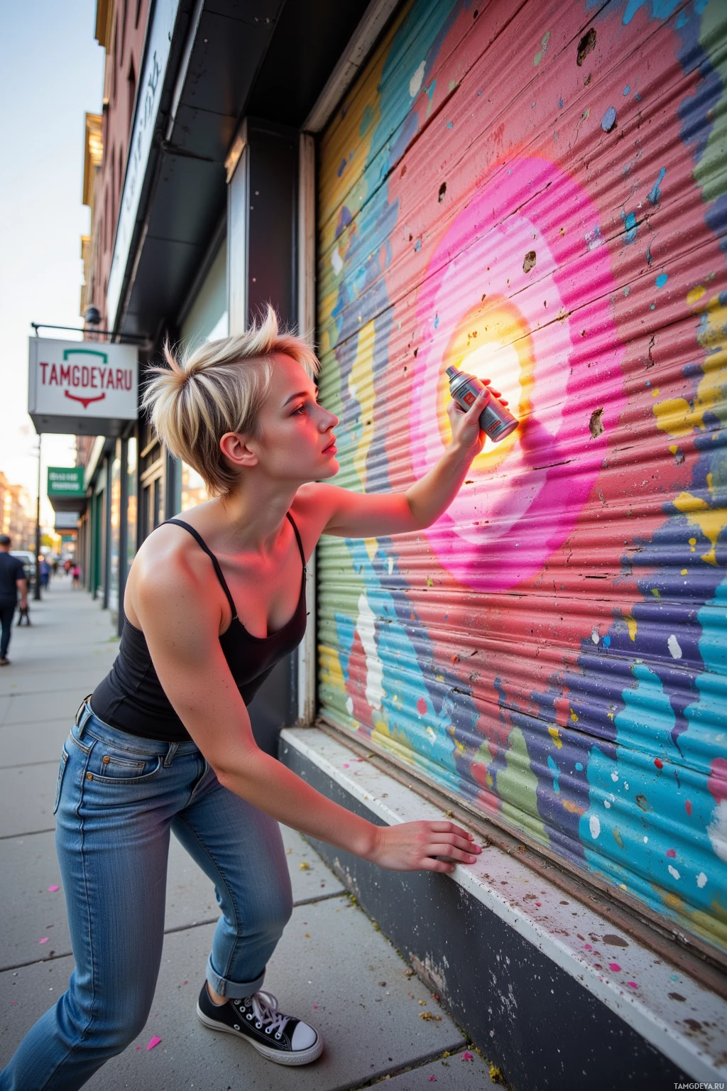 A person spray-painting a colorful mural on a corrugated metal wall.