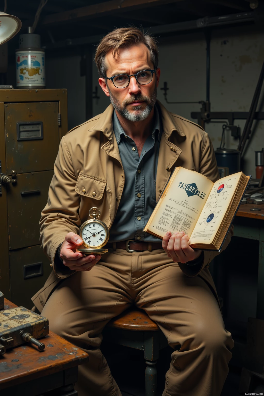 A man in a tan jacket holds a pocket watch and an open book, seated in a workshop setting.