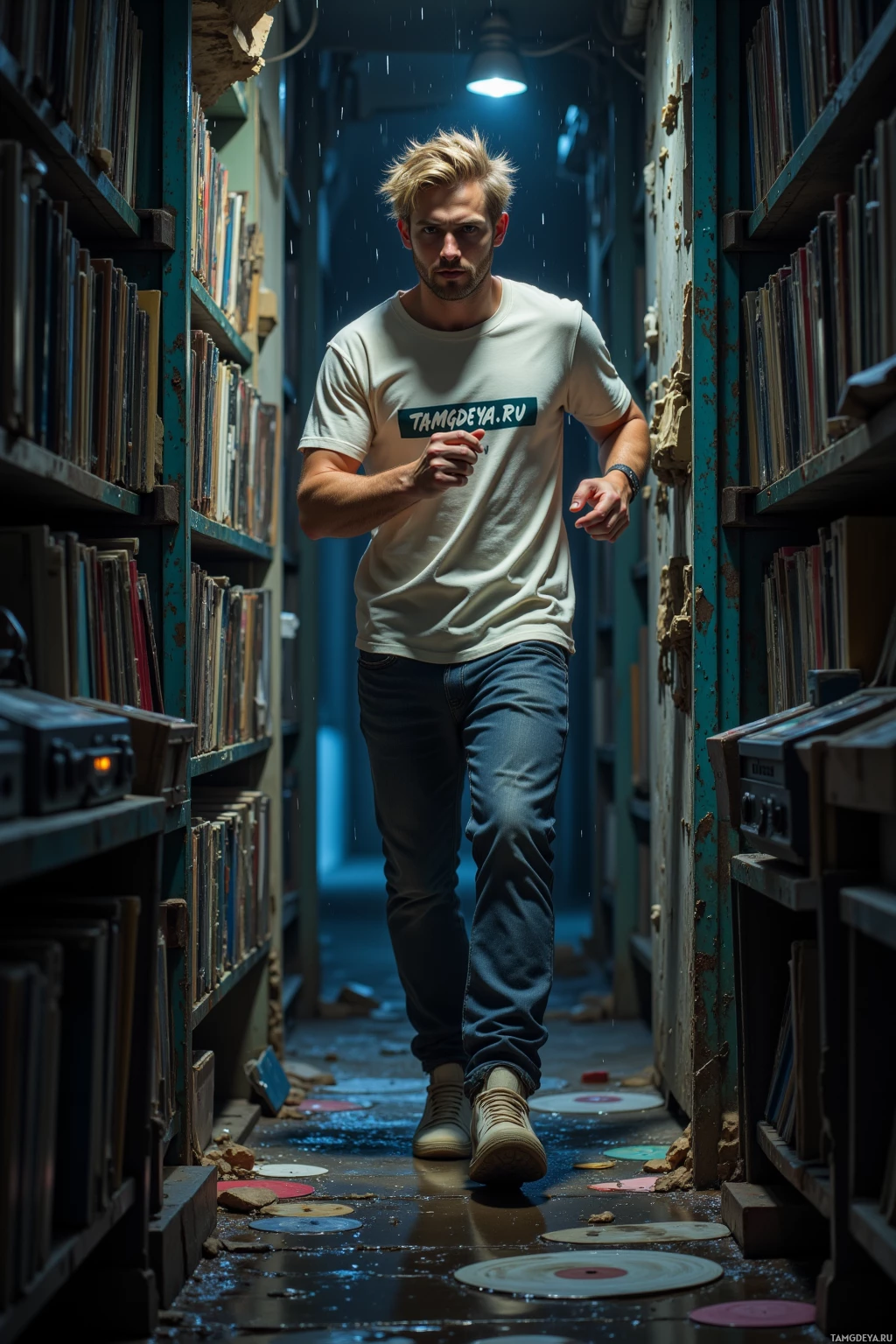 A man walks through a dimly lit, narrow corridor lined with shelves of books and vinyl records.