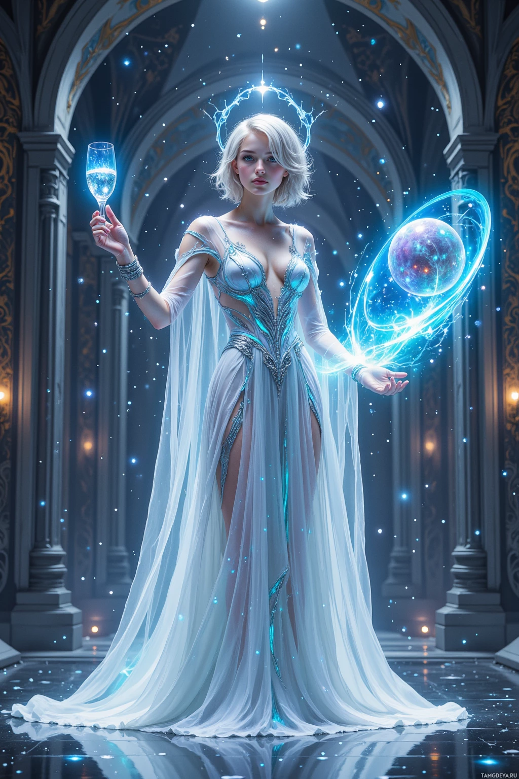 A woman in an elegant, flowing gown holds a glowing orb and a glass, standing in a grand, celestial hallway.