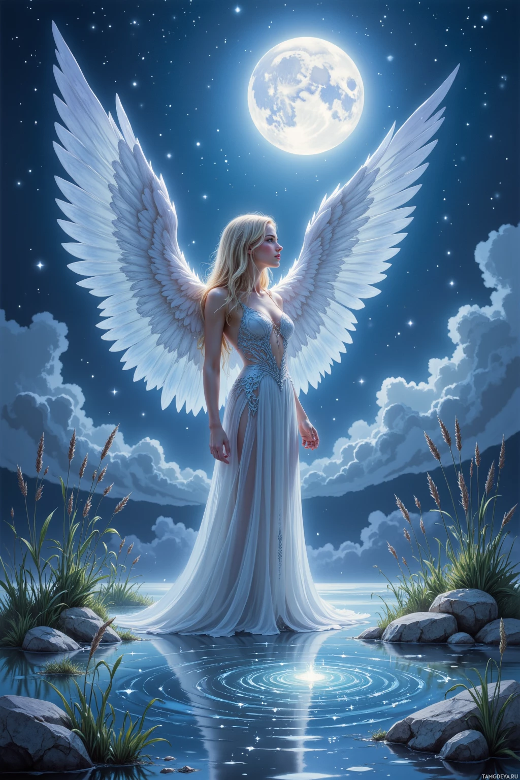 A serene angelic figure with white wings stands gracefully by a tranquil body of water under a starlit night sky.