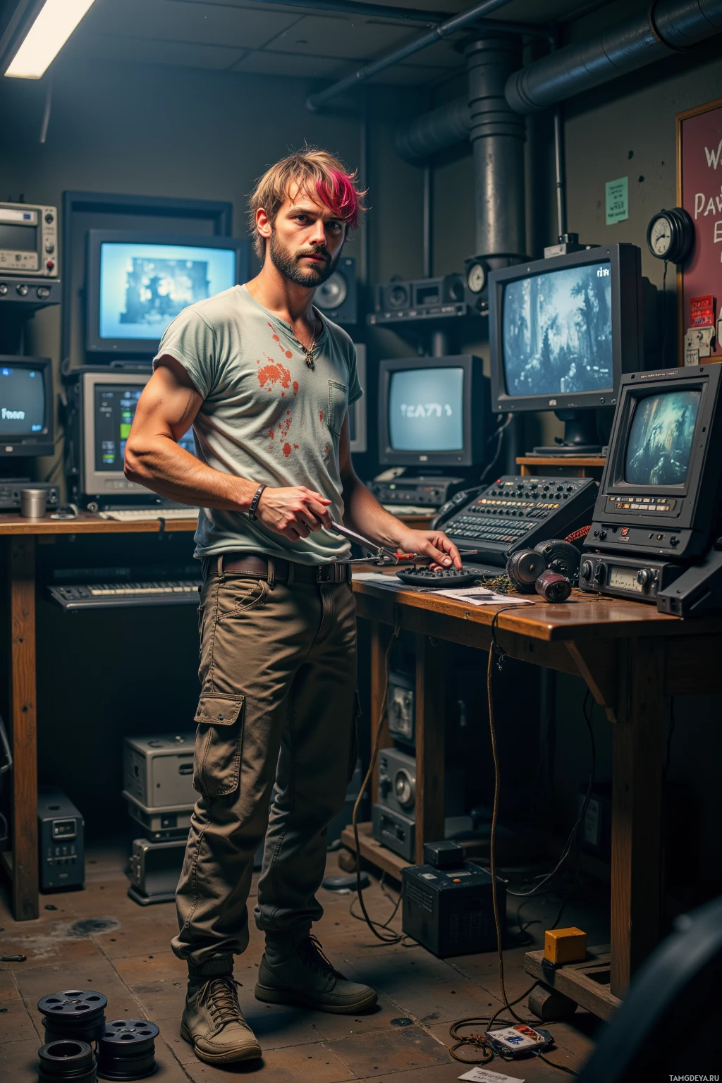 A man stands in a room filled with monitors and audio equipment.