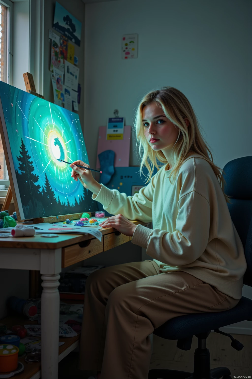 A person is seated at a desk, painting a vibrant landscape on canvas.