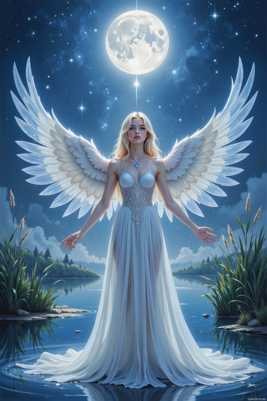 A serene angelic figure with white wings and a flowing white dress stands gracefully by a tranquil lake under a starlit sky.