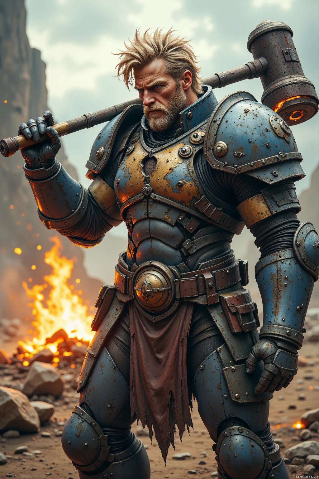 A rugged warrior in blue and gold armor stands in a rocky landscape with a glowing hammer on his shoulder.