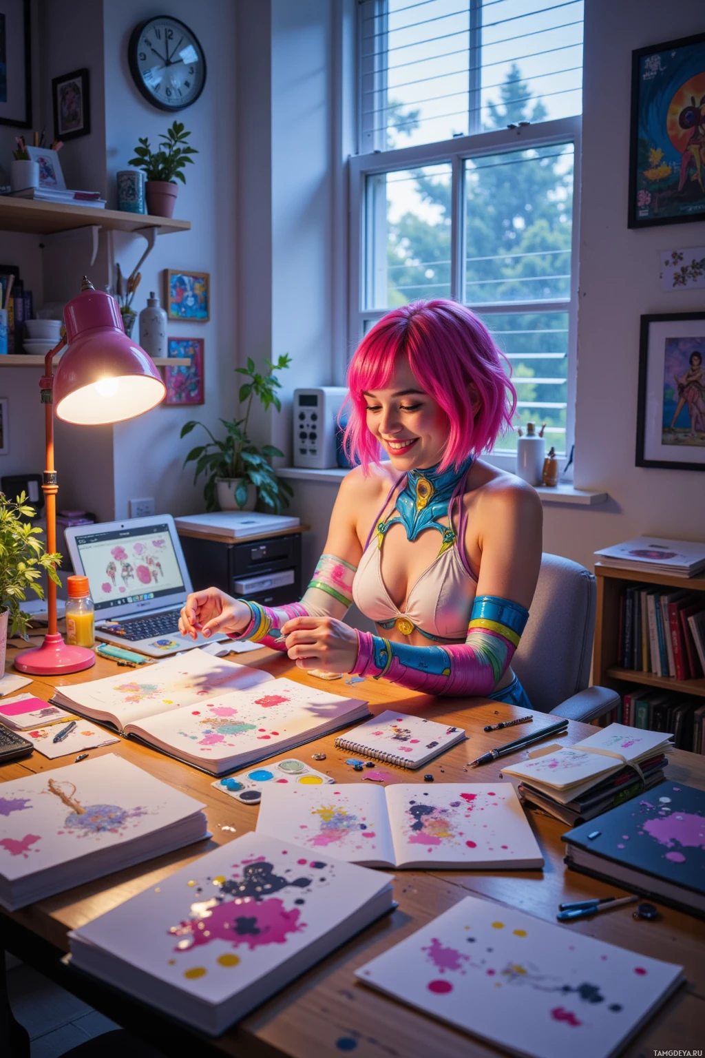 A person with pink hair is sitting at a desk, working on colorful artwork with various art supplies around.