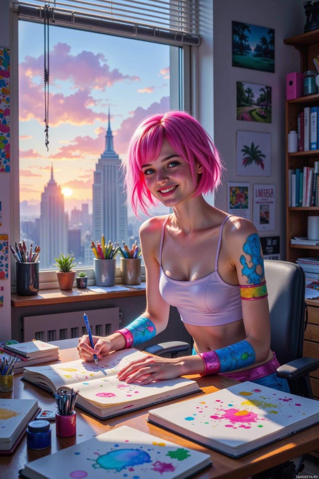 A person with pink hair is sitting at a desk, drawing in a notebook with a cityscape visible through the window.