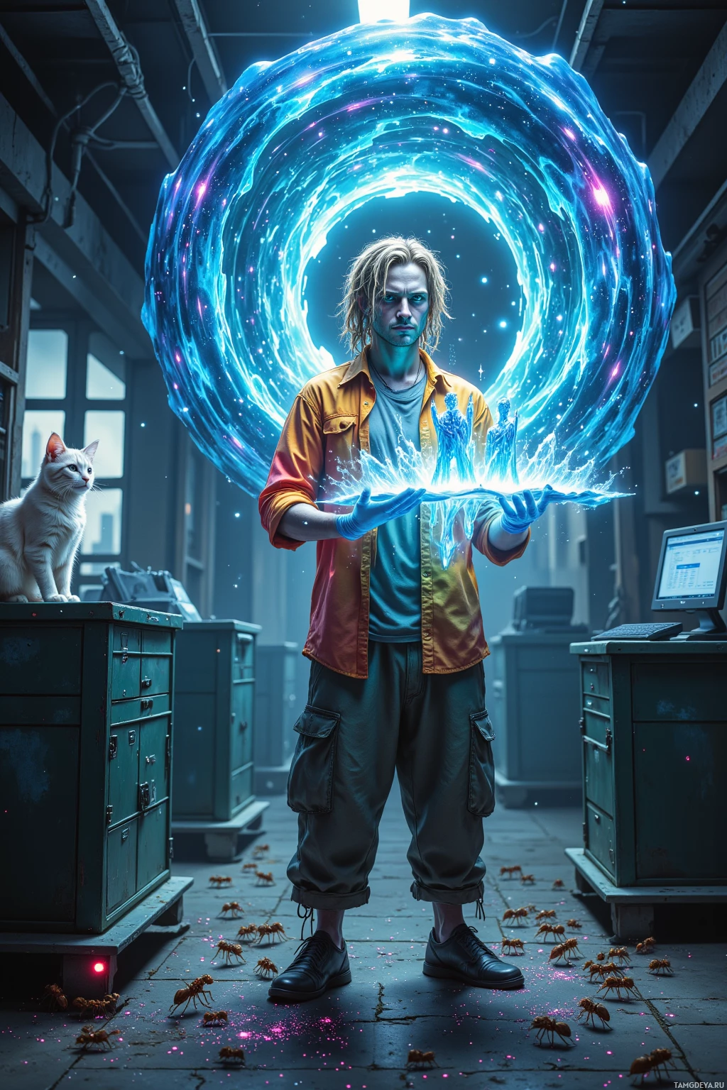 A person stands in a dimly lit room, holding a glowing blue portal, with a cat sitting on a cabinet and ants scattered on the floor.