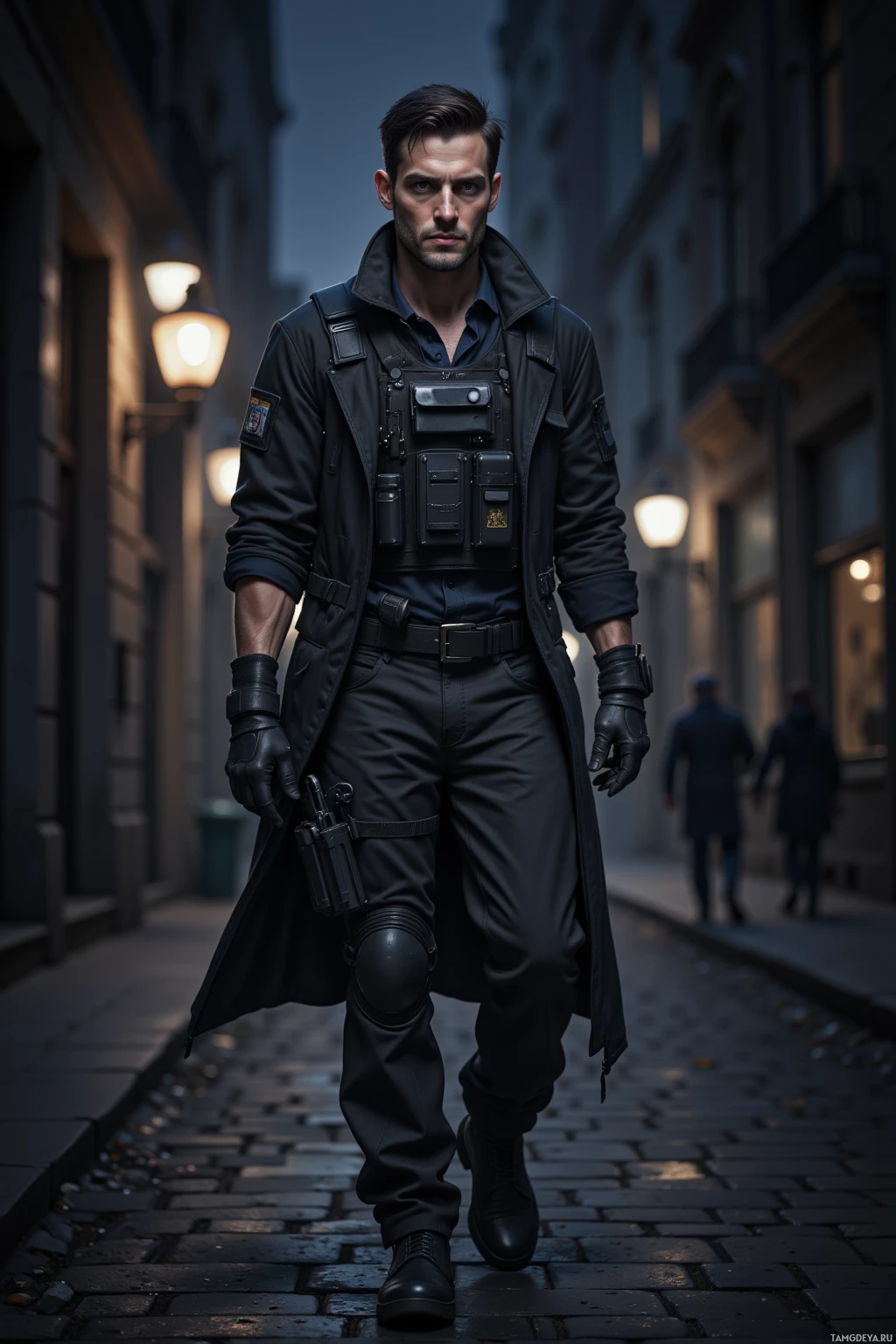 A man in tactical gear walks down a dimly lit street.