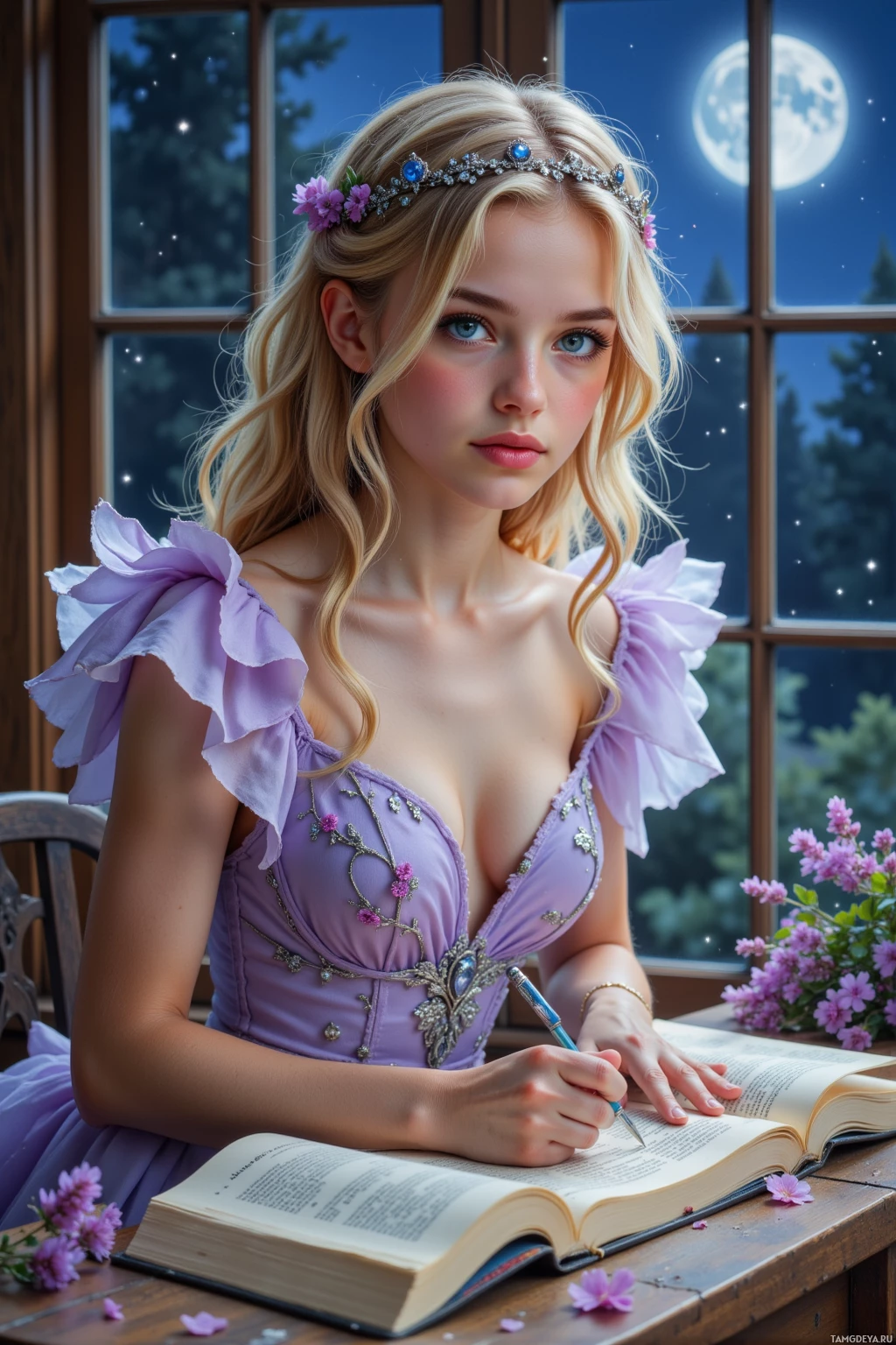 A young woman in a purple dress is sitting at a table, writing in a book with a pen.