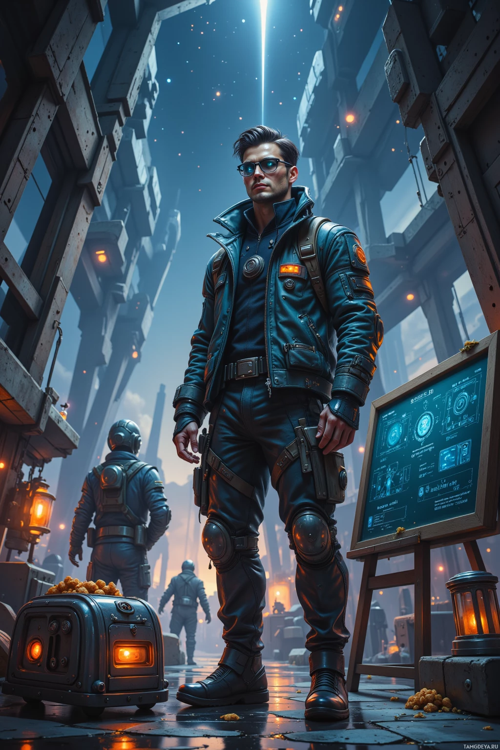 A futuristic character in a leather jacket stands in a sci-fi environment with glowing elements and a detailed background.