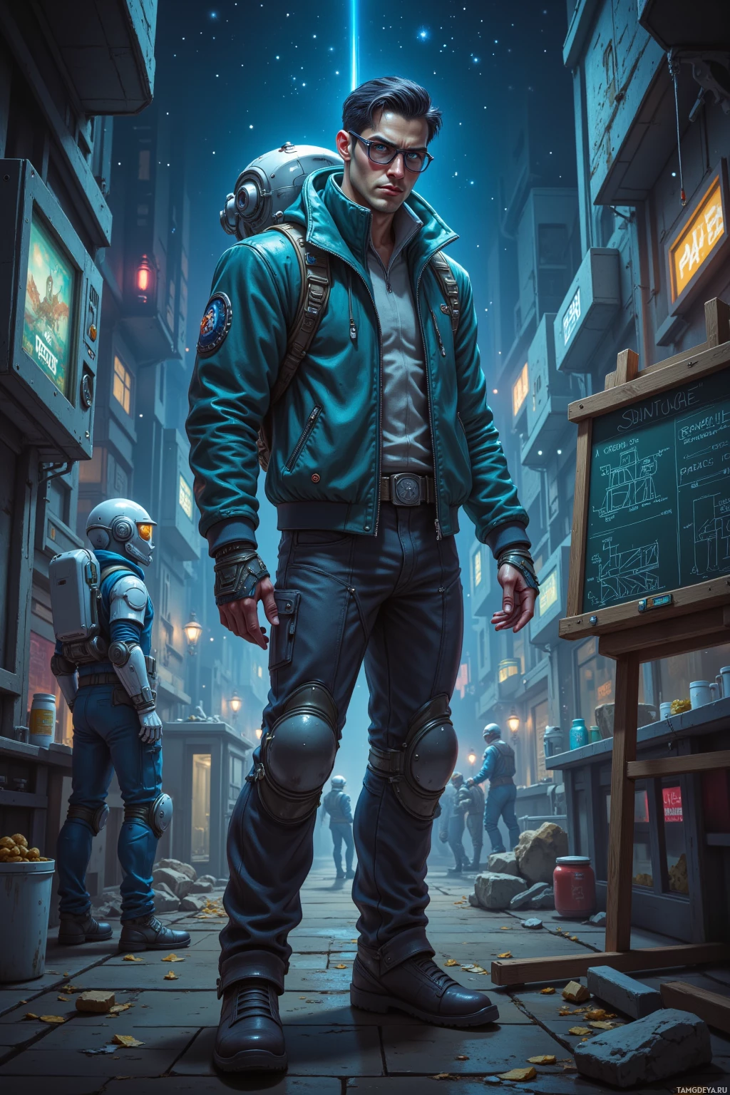 A futuristic character in a teal jacket and glasses stands in a dimly lit alleyway with another figure in the background.