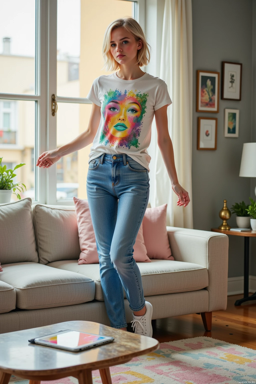 A woman stands in a living room wearing a colorful graphic t-shirt and jeans.