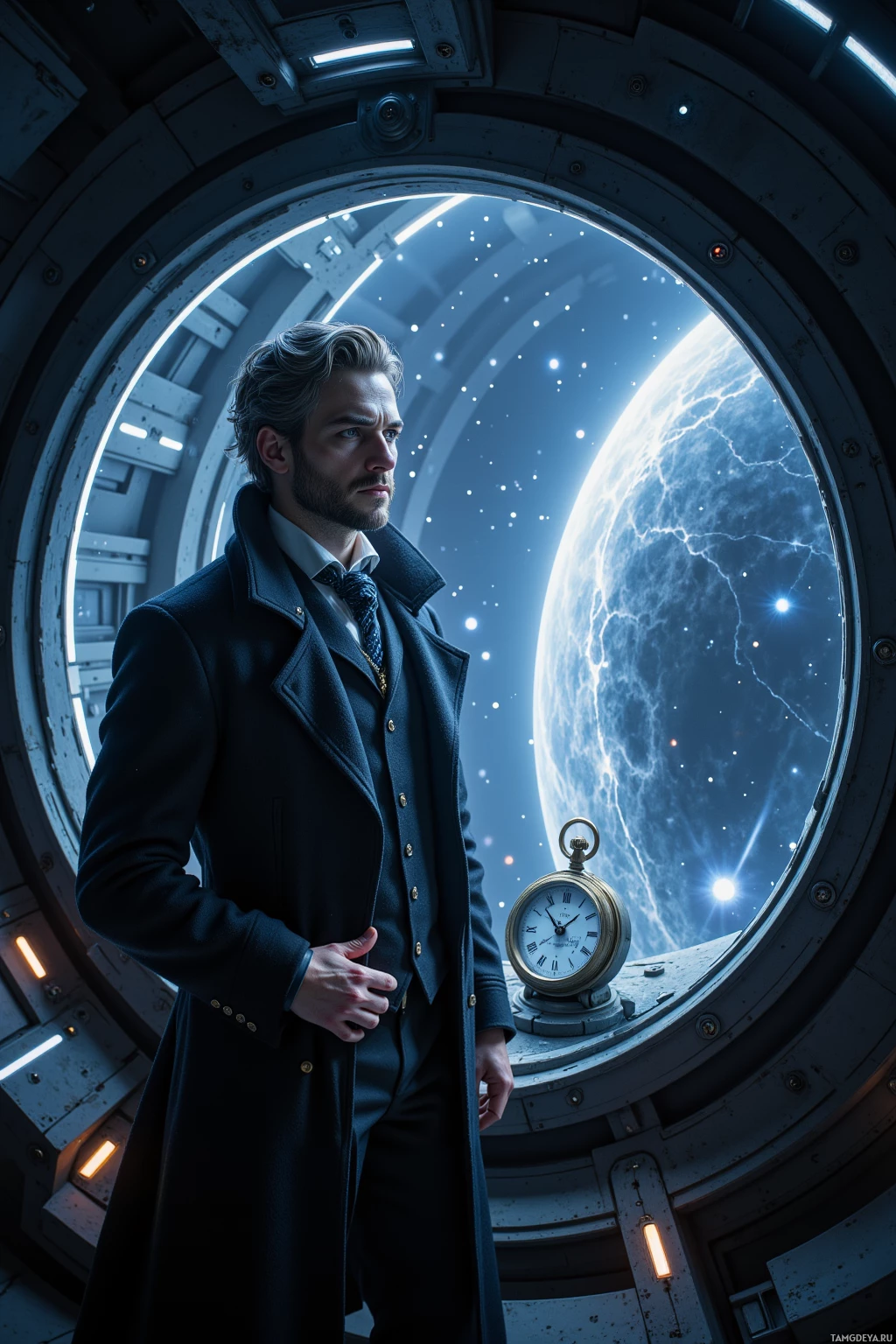 A man in a formal coat stands inside a futuristic spacecraft, gazing out at a view of Earth and stars.