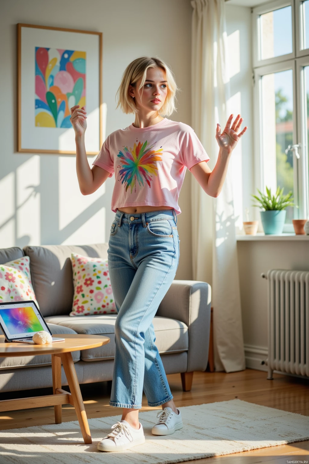 A woman in a pink t-shirt and jeans stands in a sunlit living room.
