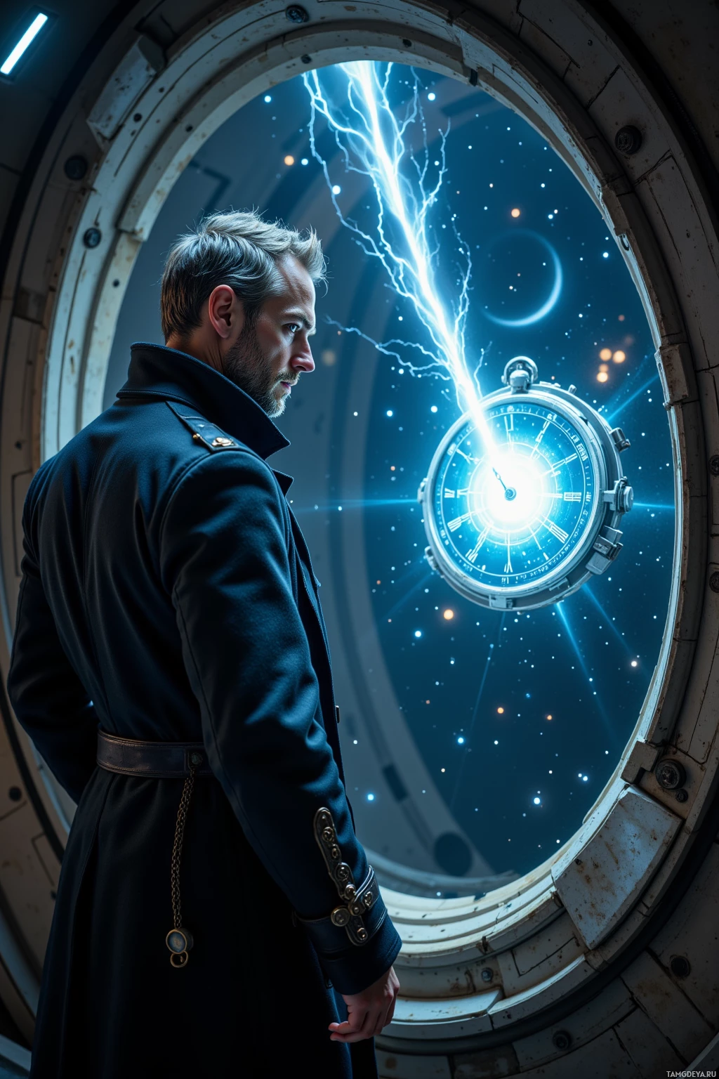 A man in a dark coat stands by a circular window, gazing at a glowing, cosmic scene with a clock-like object.