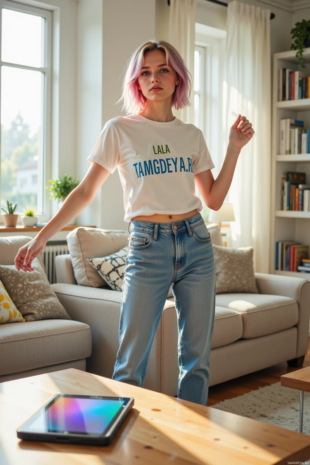 A person stands in a living room wearing a white t-shirt and jeans, with a tablet on the table in front of them.