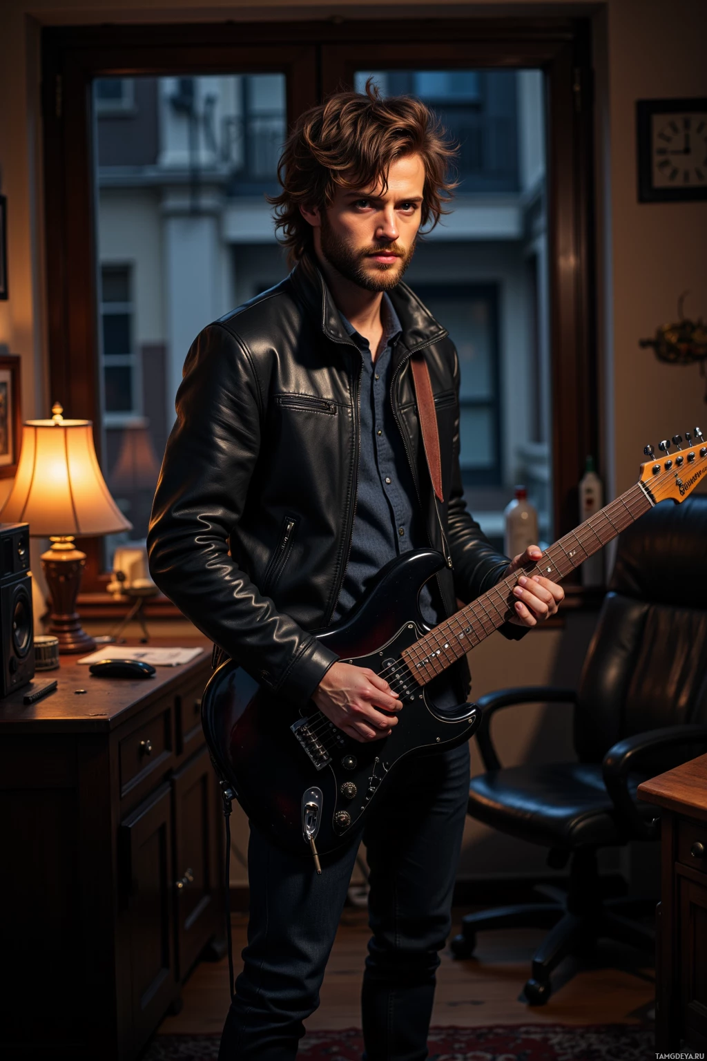 A man in a leather jacket plays an electric guitar in a dimly lit room.