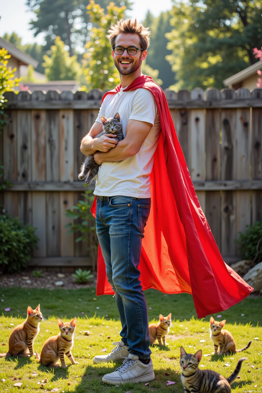 A man in a red cape holds a cat while surrounded by other cats in a grassy yard.