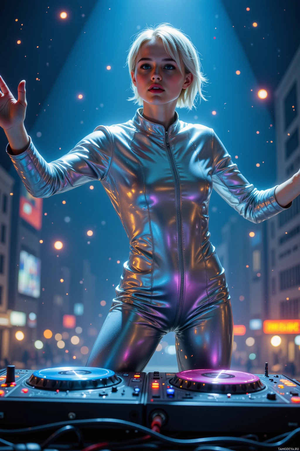 A person in a shiny silver outfit stands behind a DJ mixer in a vibrant, futuristic cityscape.