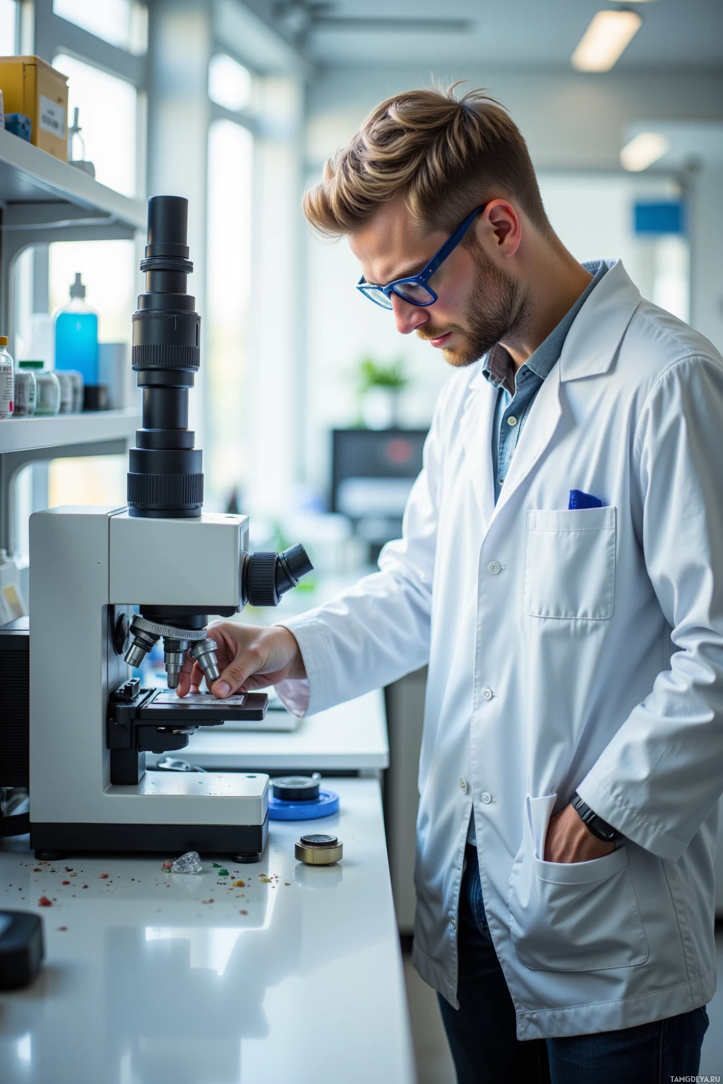 A scientist in a lab coat examines a sample under a microscope.