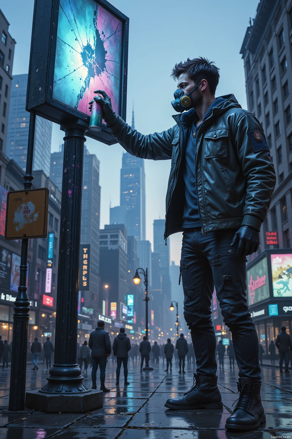 A person wearing a gas mask and leather jacket stands on a city street, holding a spray can.