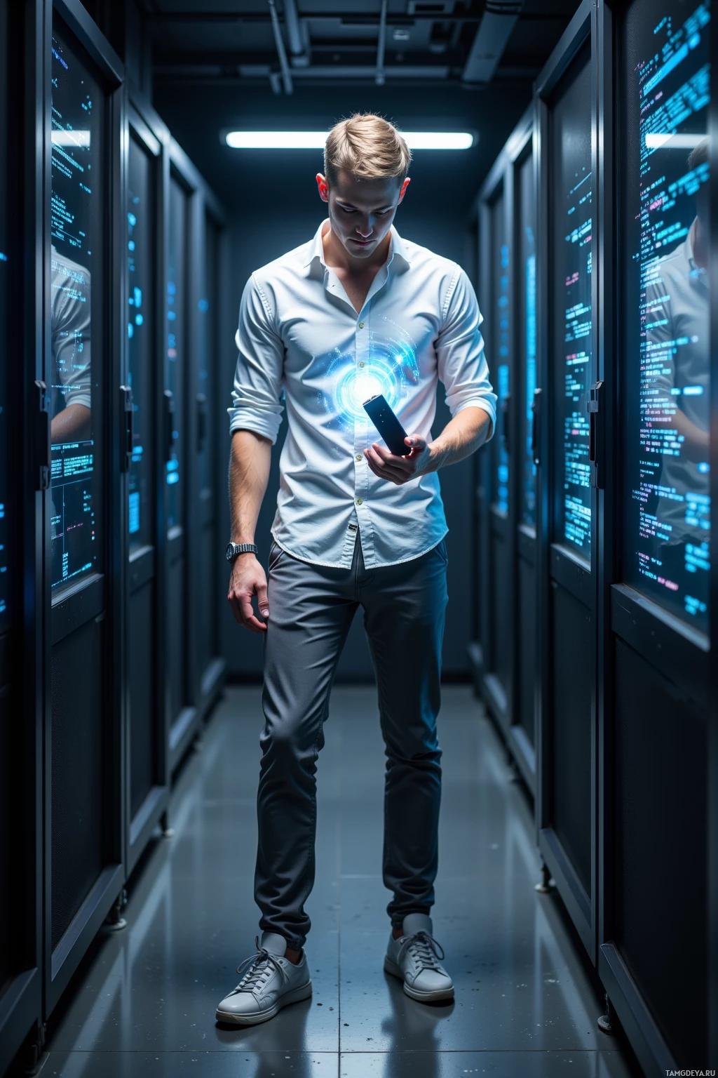 A man in a white shirt and gray pants stands in a server room, holding a device with a glowing interface.