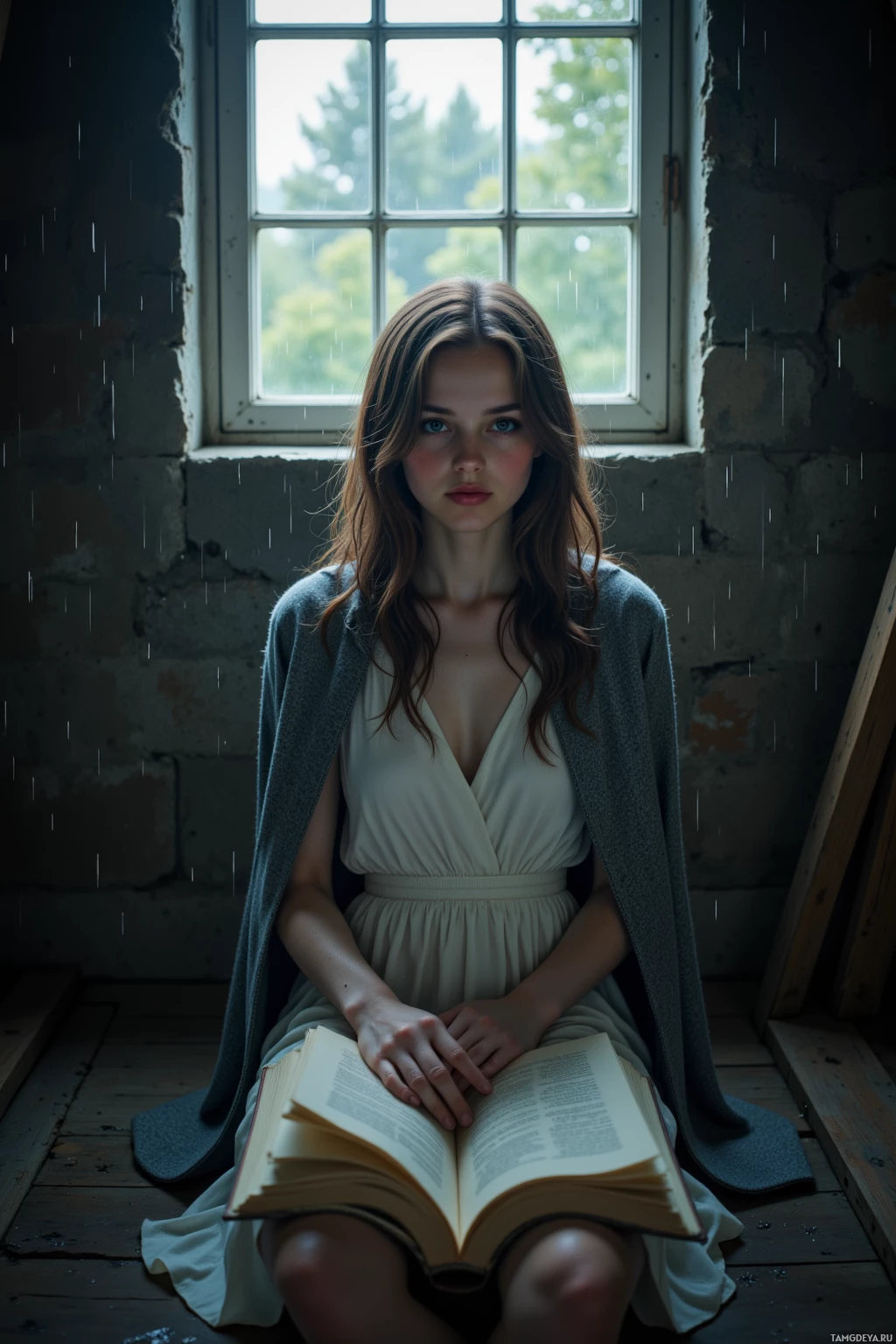 A woman sits by a window in a dimly lit room, reading an open book.