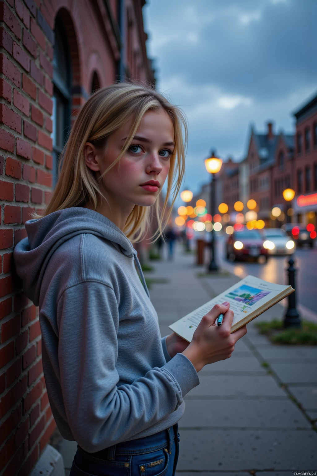 A young person leans against a brick wall while holding a book and pen, with a street scene and evening lights in the background.