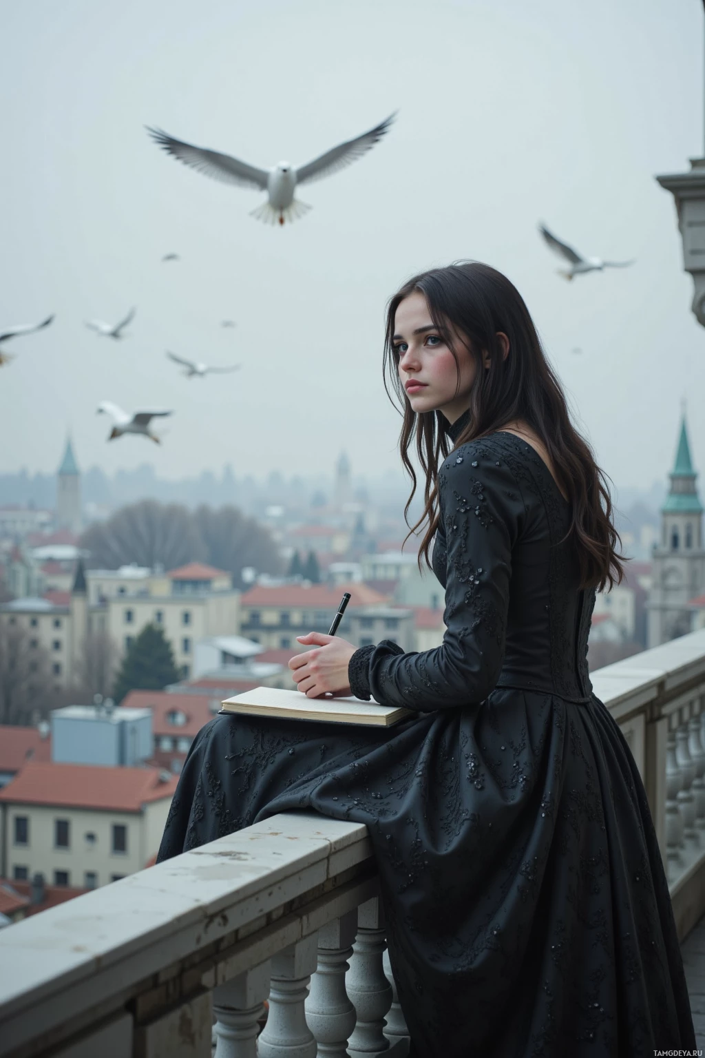 A woman in a black dress sits on a balcony, holding a pen and notebook, with seagulls flying in the background.