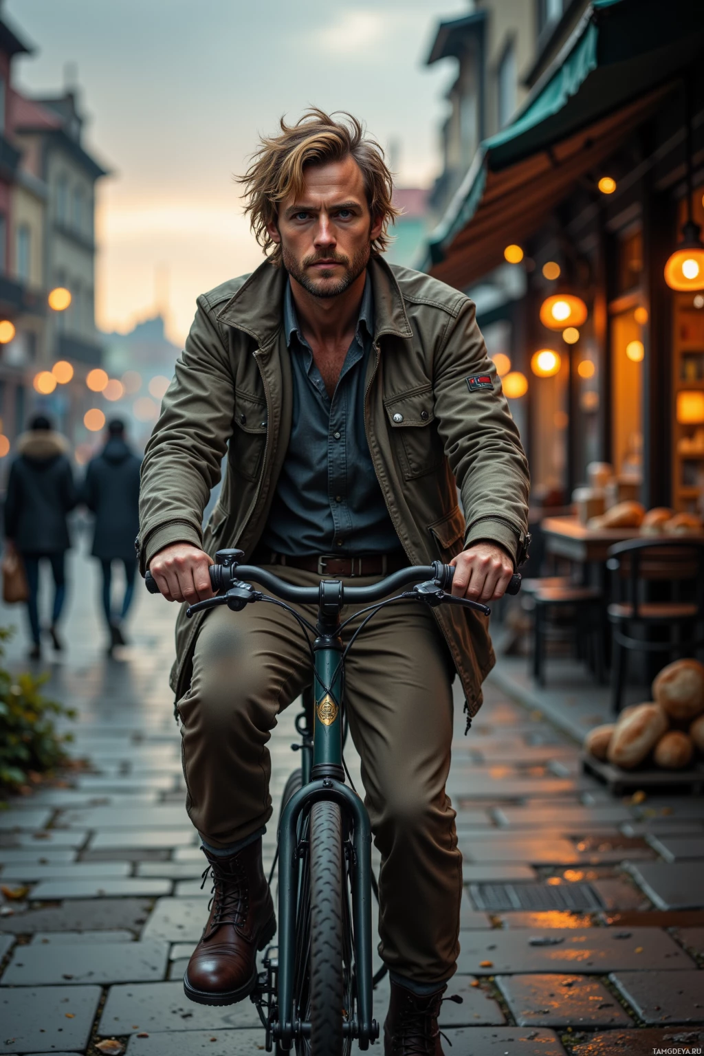 A man rides a bicycle on a cobblestone street in an urban setting.