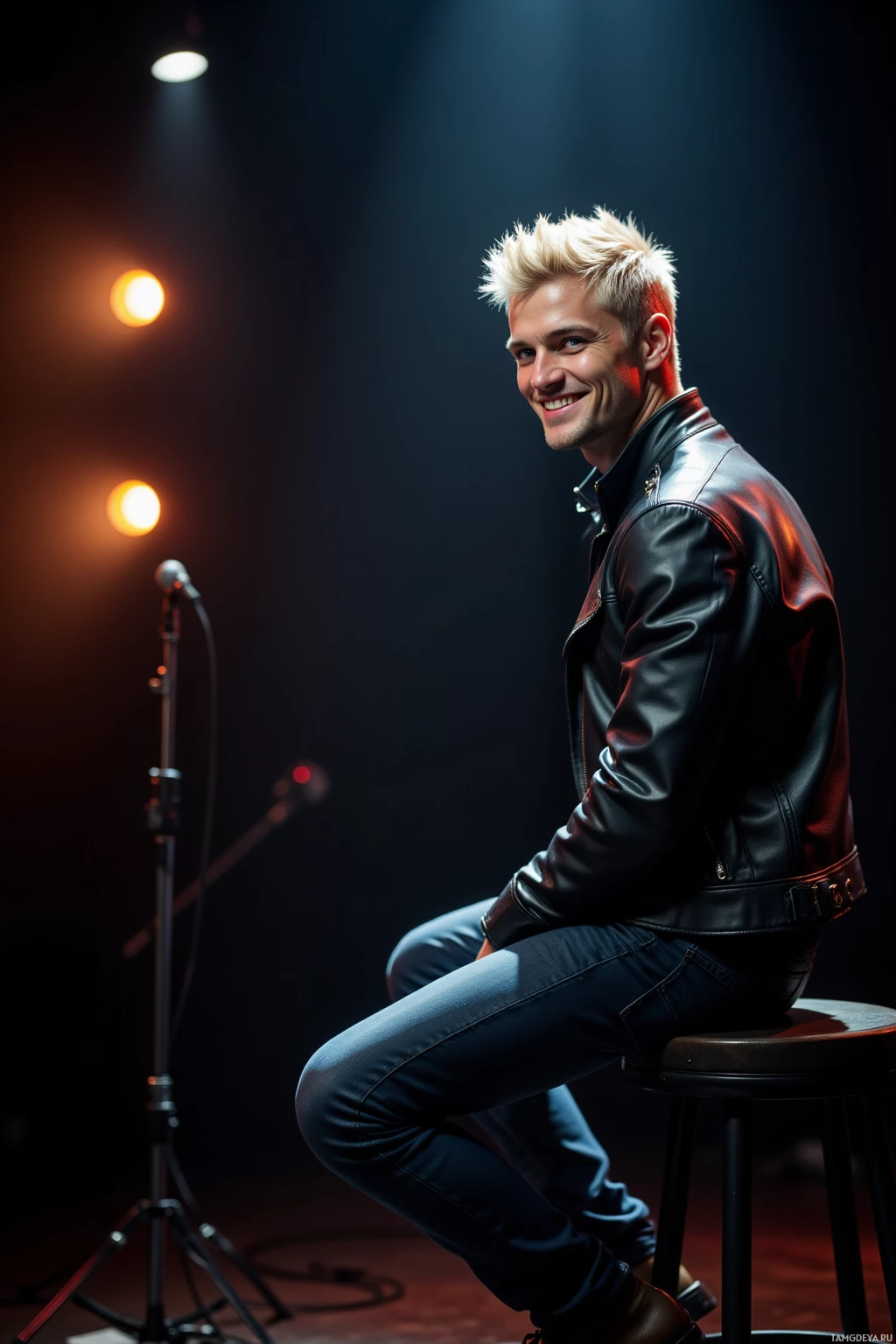 A person in a leather jacket sits on a stool in a dimly lit room with a microphone stand.