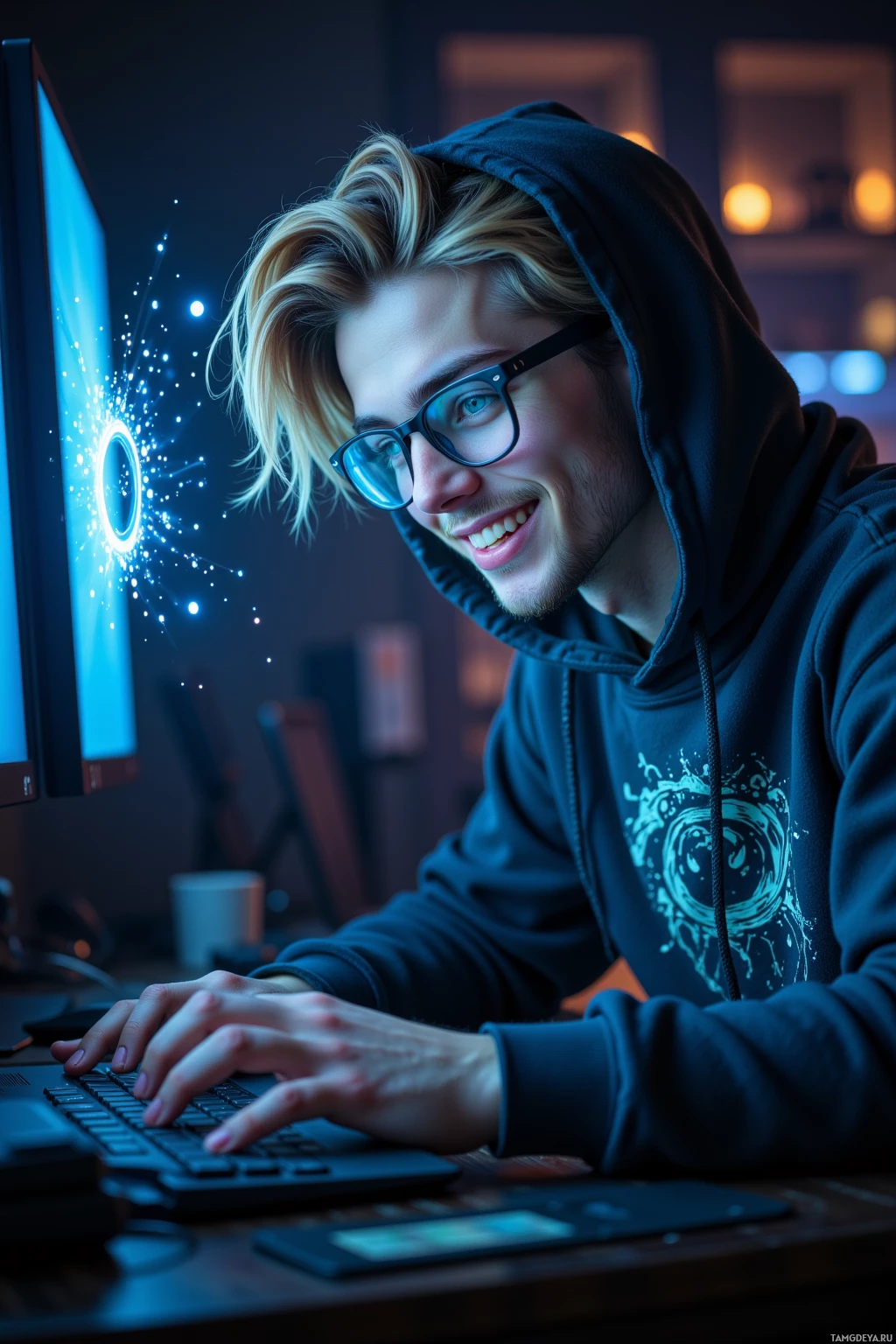 A person wearing a hoodie and glasses is smiling while using a computer.
