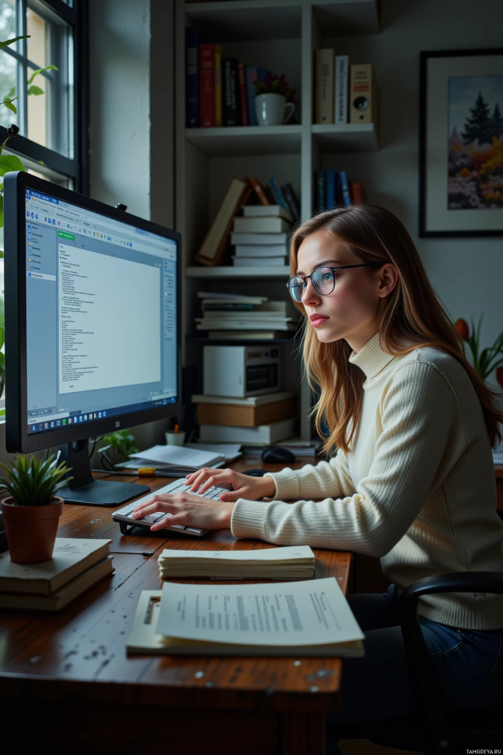 A person is working at a desk with a computer, surrounded by books and a potted plant.