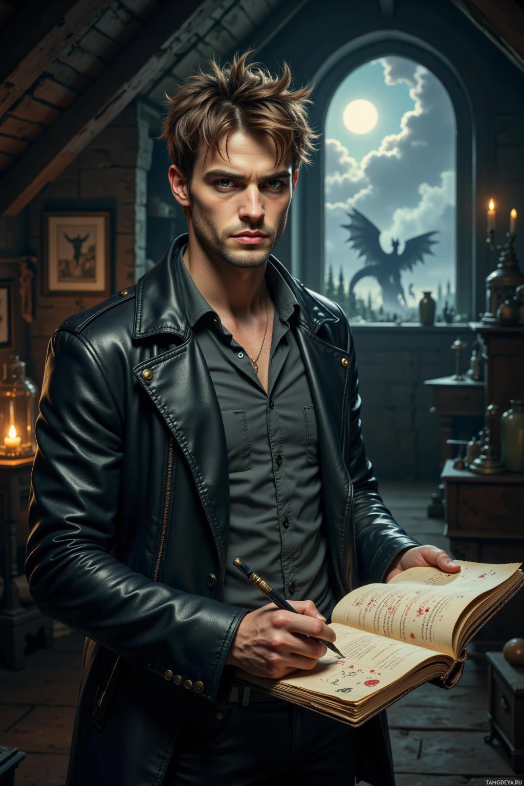 A man in a leather jacket holds an open book, standing in a dimly lit room with a window showing a night sky.