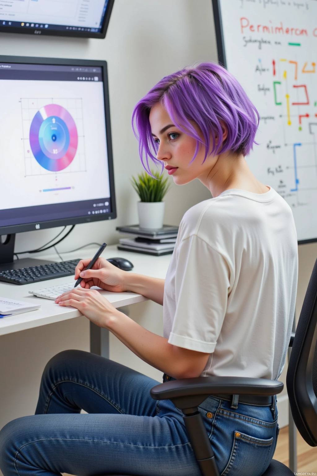 A person with purple hair sits at a desk, working on a computer.