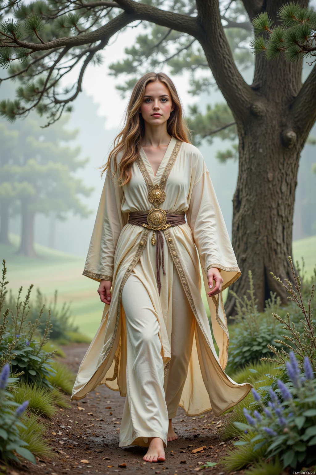 A woman in a flowing, cream-colored robe walks barefoot on a path surrounded by trees and flowers.